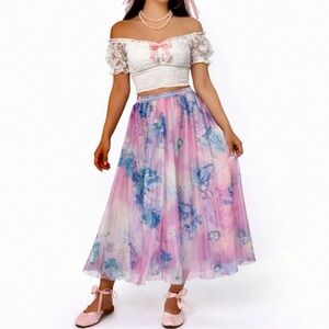 AFIBI Floral Fairy Full Maxi Skirt Coquette Chiffon Formal A-Line Ballet Size M